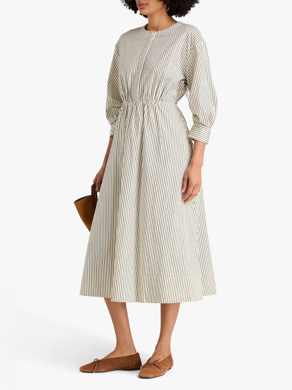 STAUD Cafu Micro Stripe Dress in Ivory/Brown, Size XL